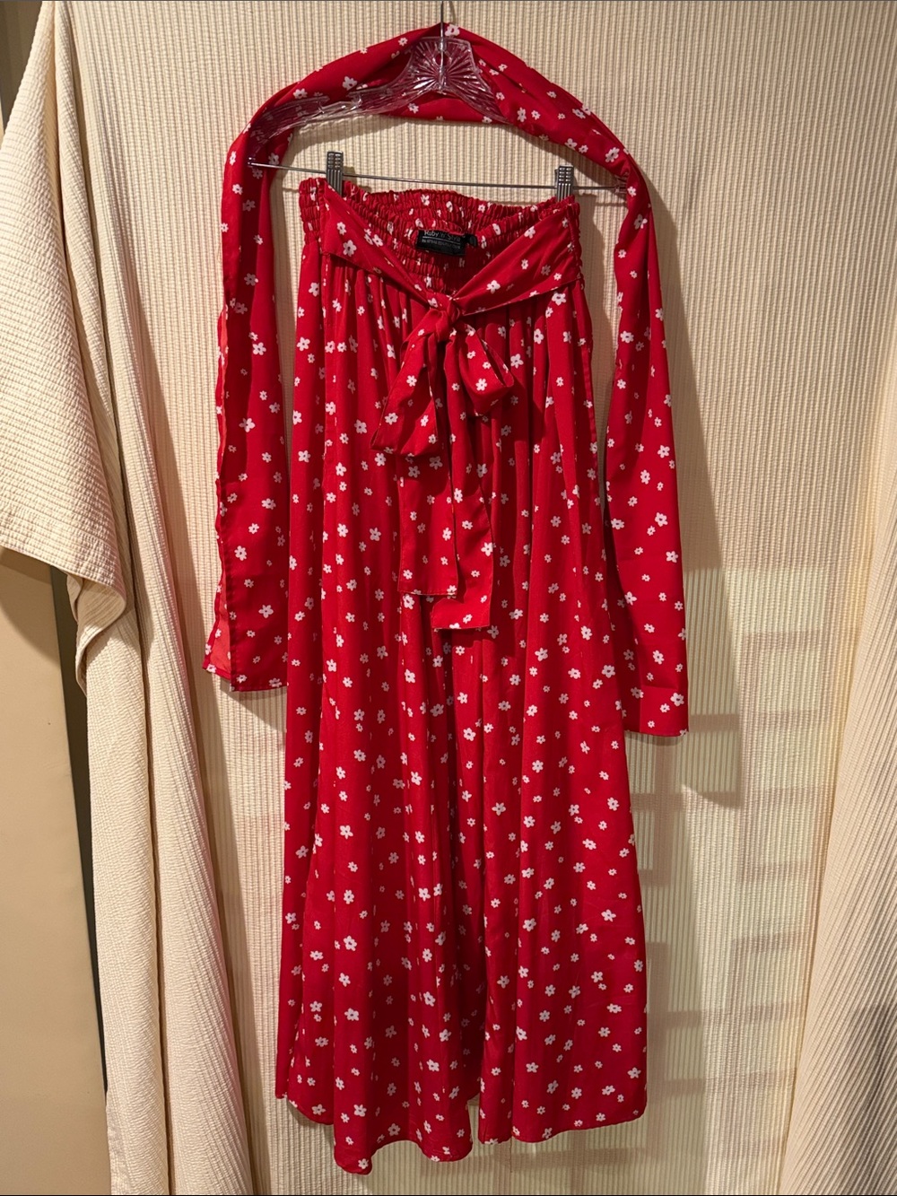 Ruby 'n' Style red floral maxi skirt with a tie waist & elasticated waistband.